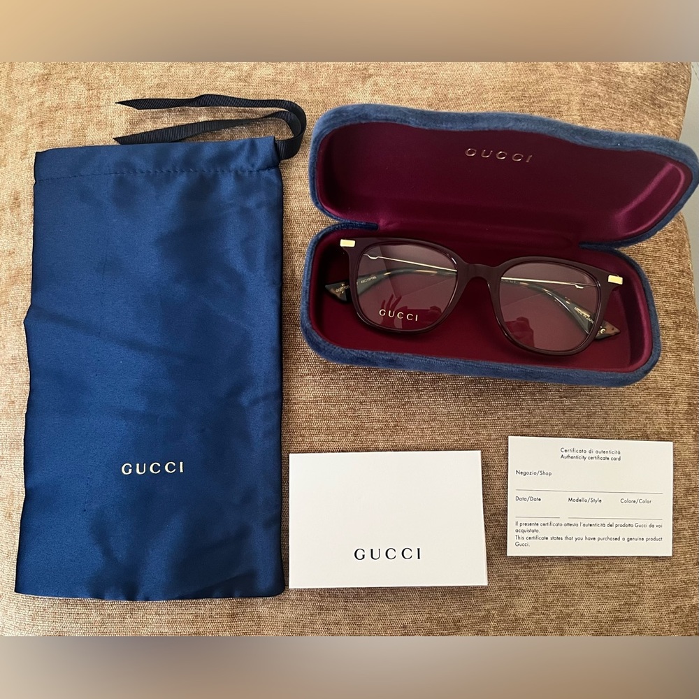 Gucci Burgundy Gold Transparent 49MM Square Eyeglasses Women GG0110O 006